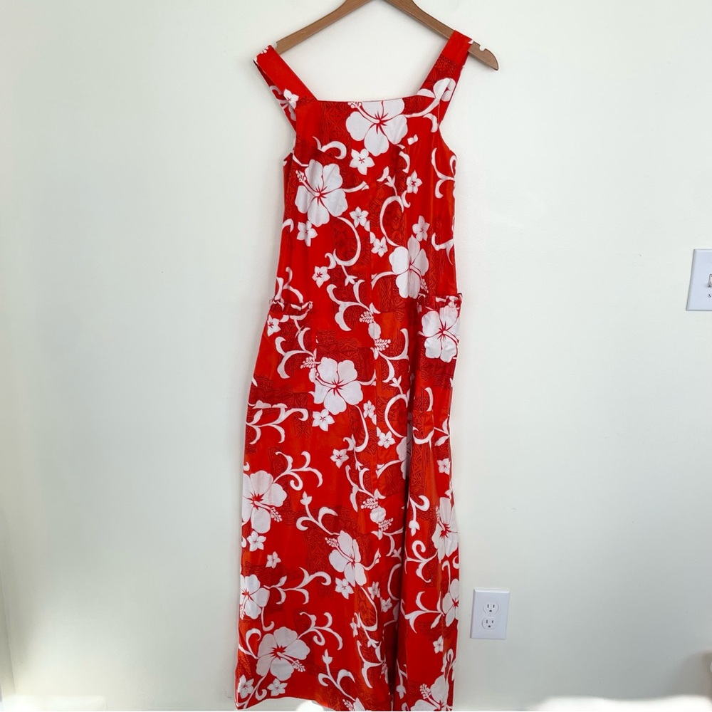 Hilo Hattie Red Floral Maxi Apron Dress M Medium Cotton Adjustable Strap Pockets